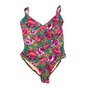 J.Crew Swimsuit Women Large Green Floral One Piece V-Neck Ruffle Strap Wireless